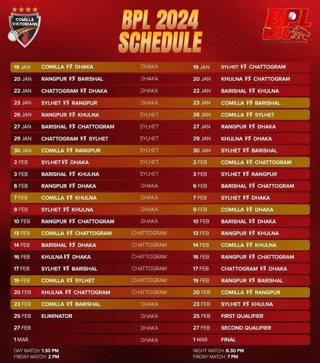 BPL 2024 Schedule Time Table, Bangabandhu T20 Fixture 2024